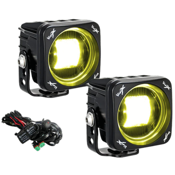 PAIR OF 3" SQUARE MINI CANNONS SAE J583 FOG BEAM PATTERN W/ HARNESS - Image 2